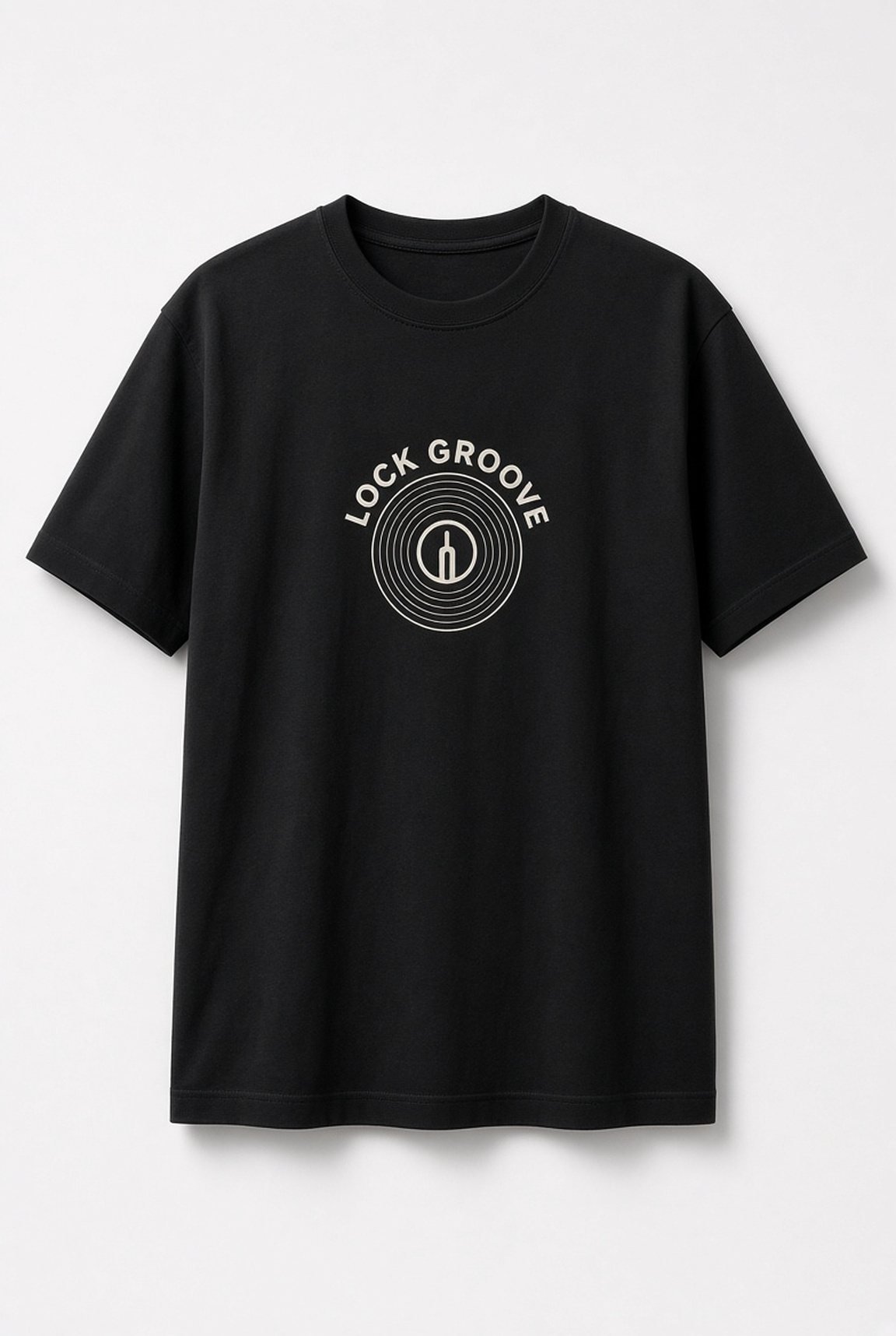 Lock Groove Vinyl Record unisex t-shirt in black with concentric record grooves with a stylus