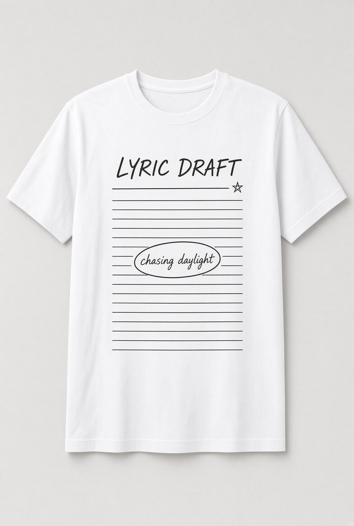 Lyric Draft Songwriter Notebook unisex t-shirt in white with lined notebook page with a circled lyric