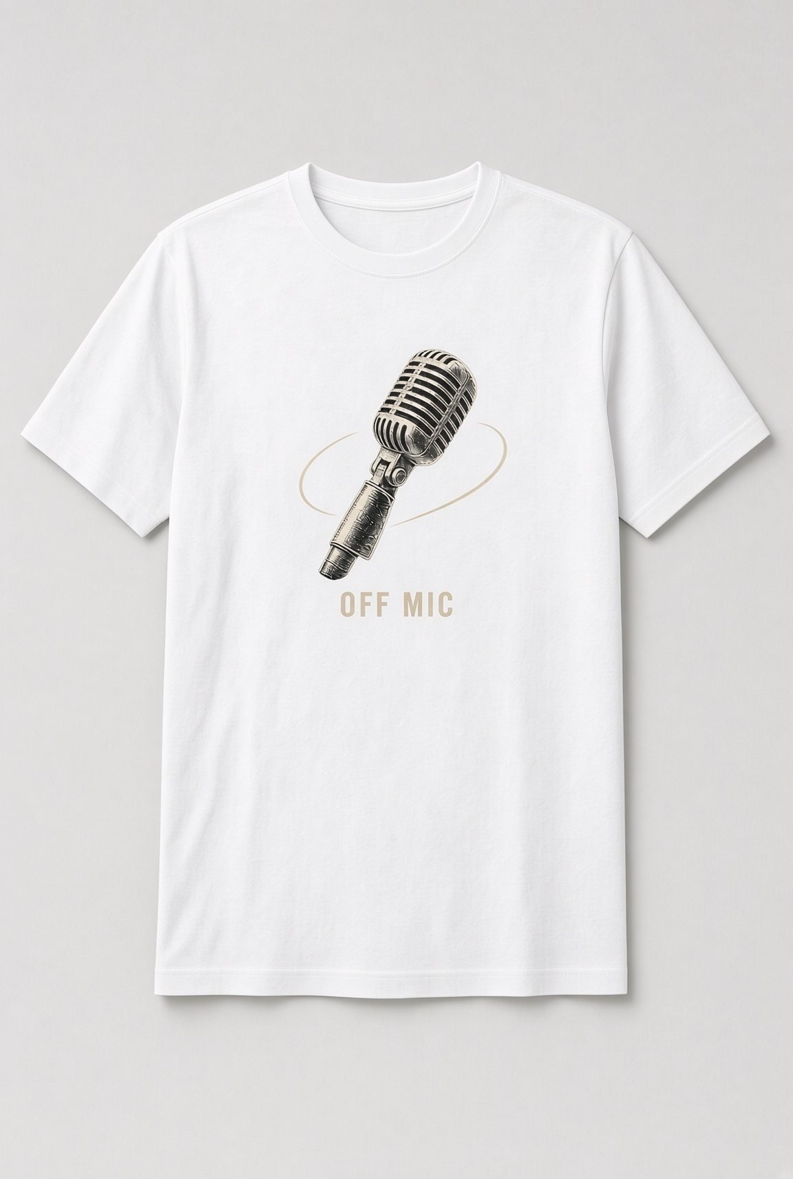Off Mic Vintage Microphone unisex t-shirt in white with tilted vintage microphone with an orbit line