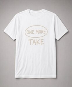 One More Take Recording Studio unisex t-shirt in white with hand-drawn oval and distressed lettering
