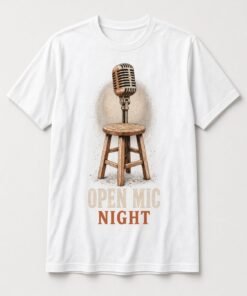 Open Mic Night Vintage Microphone unisex t-shirt in white with vintage microphone on a wooden stool in a spotlight