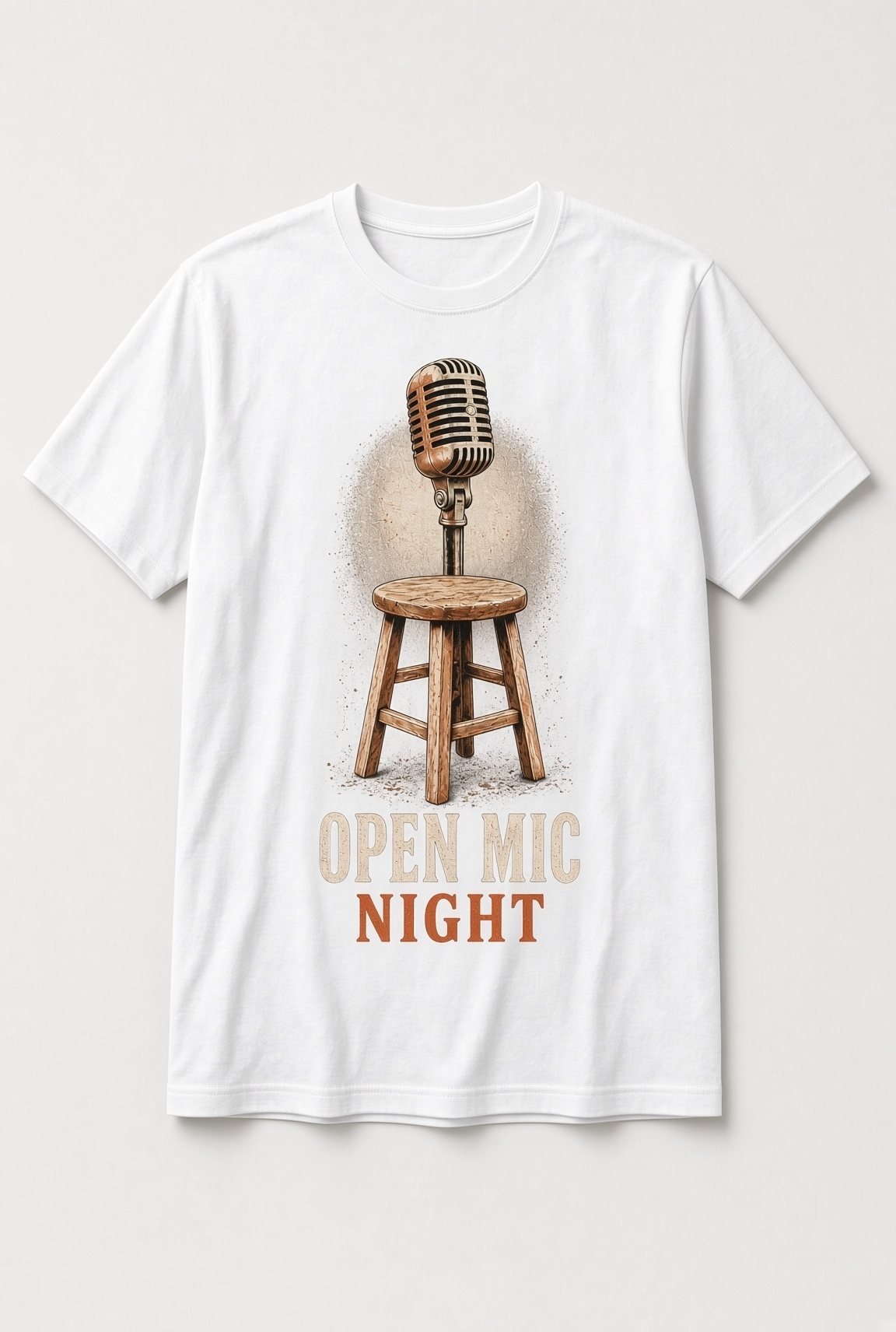 Open Mic Night Vintage Microphone unisex t-shirt in white with vintage microphone on a wooden stool in a spotlight
